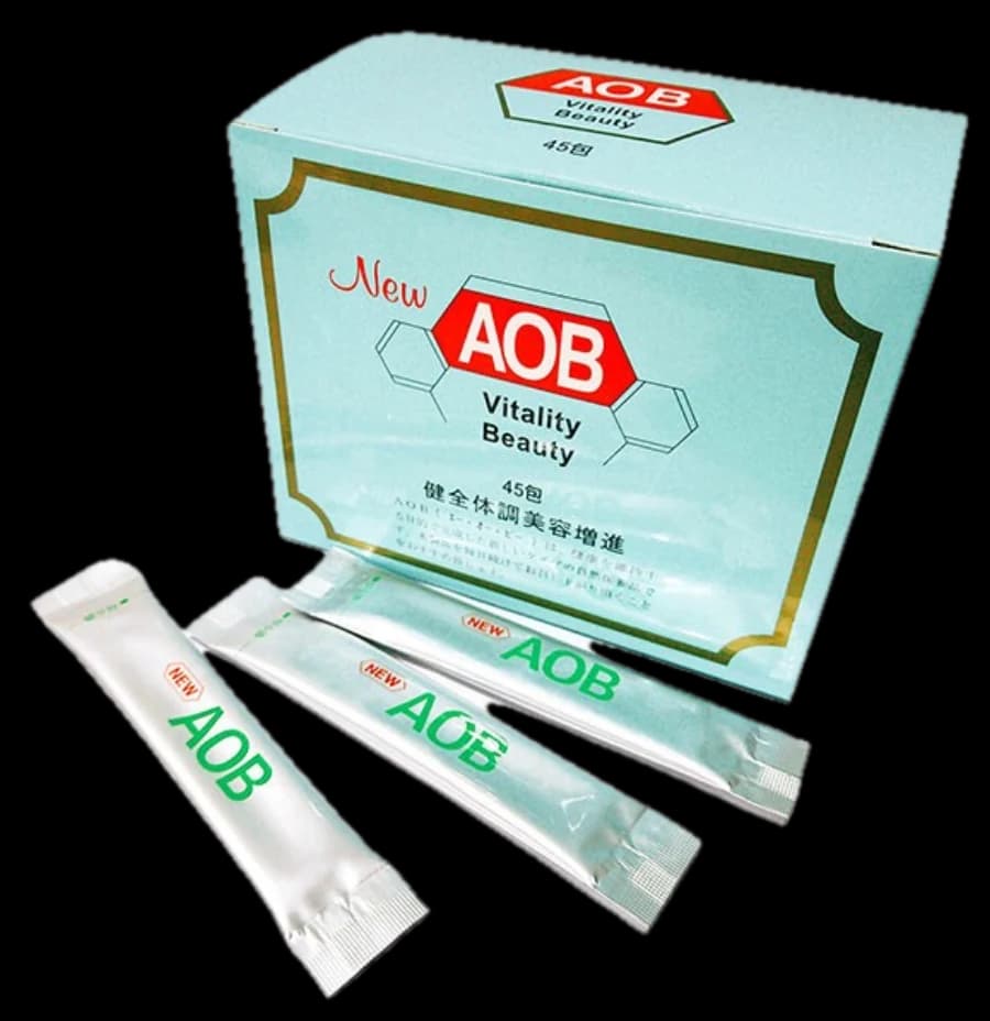 Packaging photo: the pale-green New AOB Vitality Beauty carton with three aluminium stick sachets