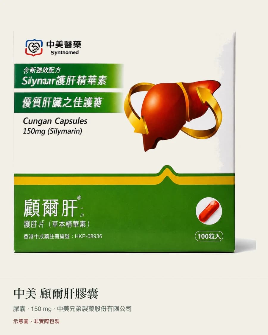示意圖,非實際包裝:中美 顧爾肝膠囊 的紙盒示意,圖片下方以真實字型標示品名與劑型