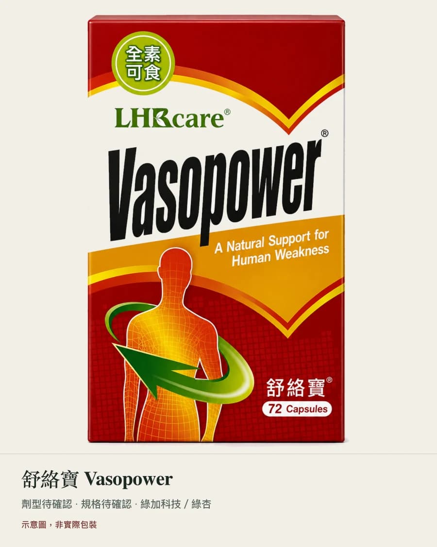示意圖,非實際包裝:舒絡寶 Vasopower 的紙盒示意,圖片下方以真實字型標示品名與劑型