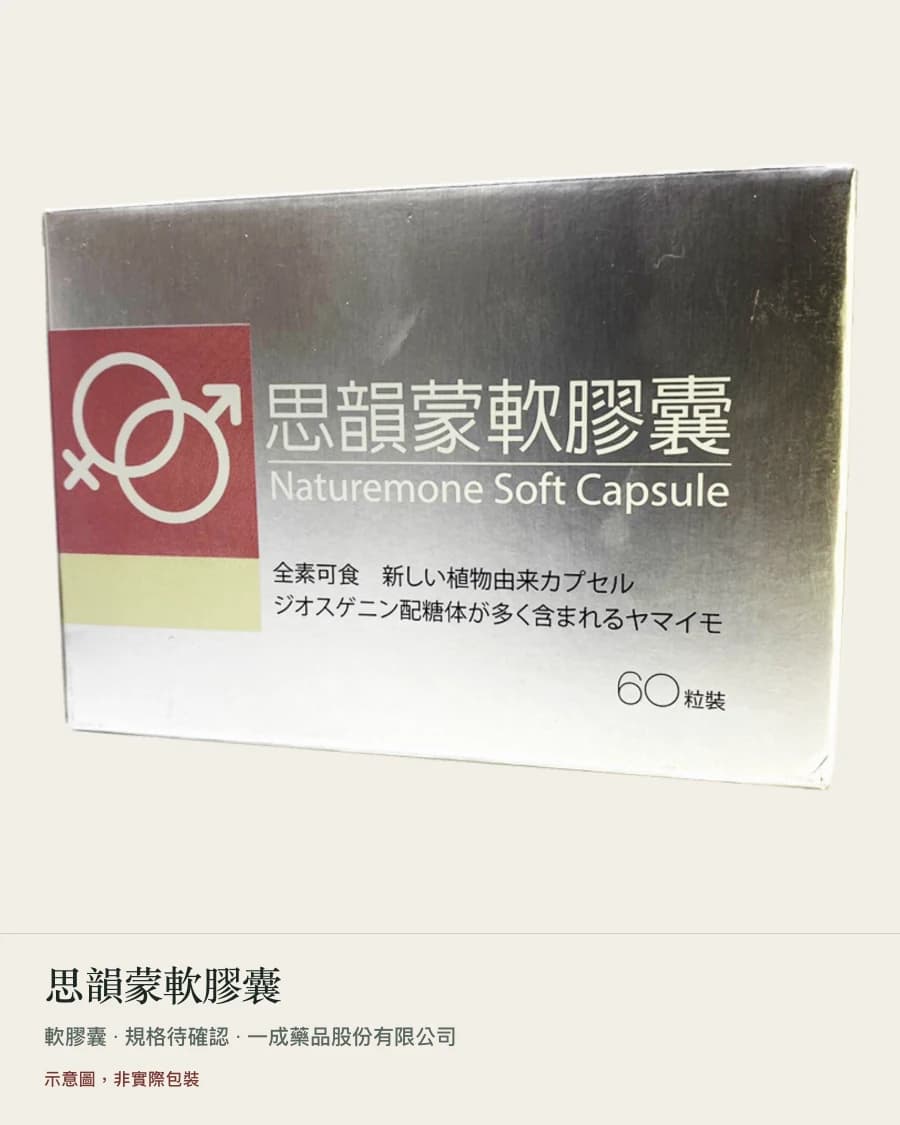 示意圖,非實際包裝:思韻蒙軟膠囊 的紙盒示意,圖片下方以真實字型標示品名與劑型