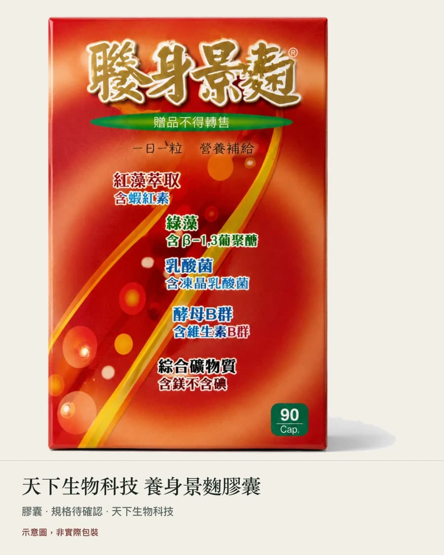 示意圖,非實際包裝:天下生物科技 養身景麴膠囊 的紙盒示意,圖片下方以真實字型標示品名與劑型